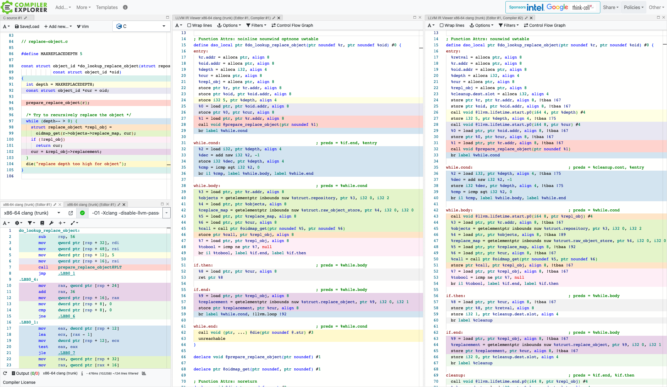 Compiler Explorer playground comparing O0 and O1 LLVM IR